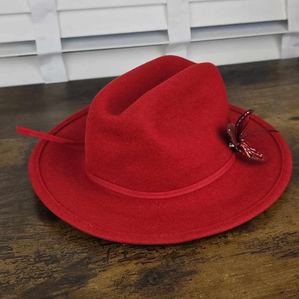 Vintage LHC Brands Red Wool Fedora Hat Medium USA Made w/ Butterfly‎ Accent